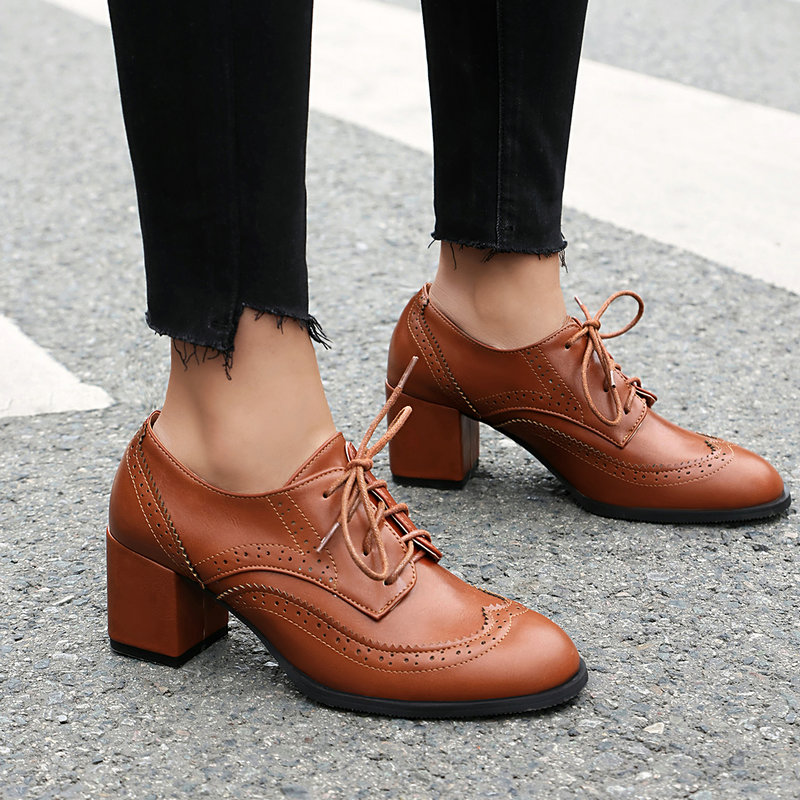 حجم كبير 36-48 بني أسود اللون  - مراجعة Oxford Lace Up Women وسعره