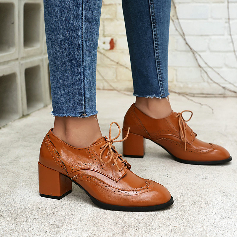 حجم كبير 36-48 بني أسود اللون  - مراجعة Oxford Lace Up Women وسعره