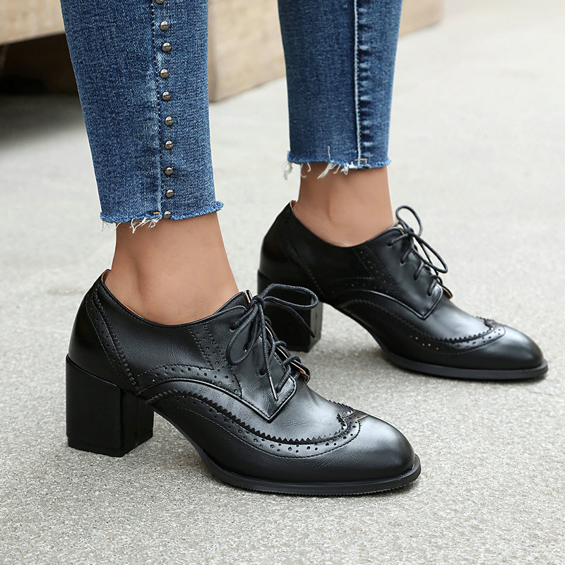 حجم كبير 36-48 بني أسود اللون  - مراجعة Oxford Lace Up Women وسعره